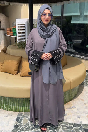 Grey Pleated Embroidered Abaya