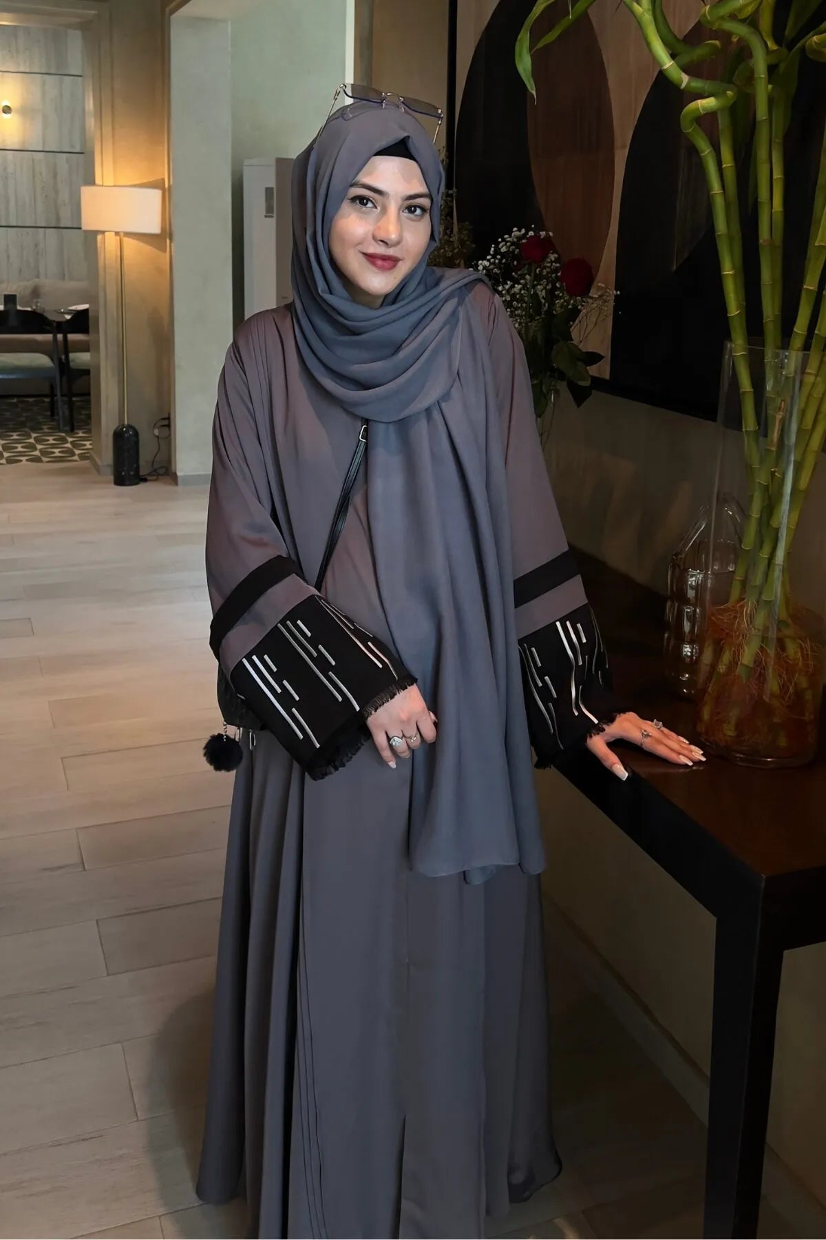Grey Pleated Embroidered Abaya