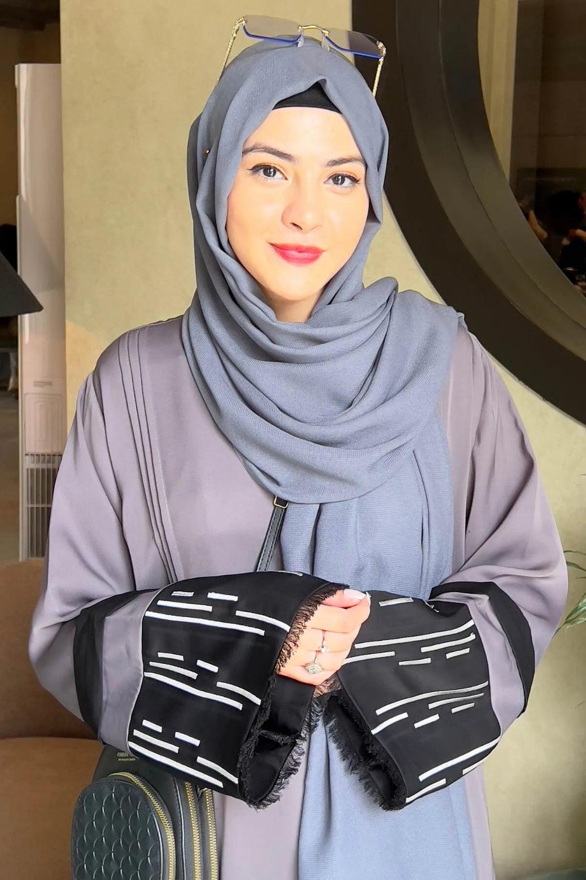 Grey Pleated Embroidered Abaya