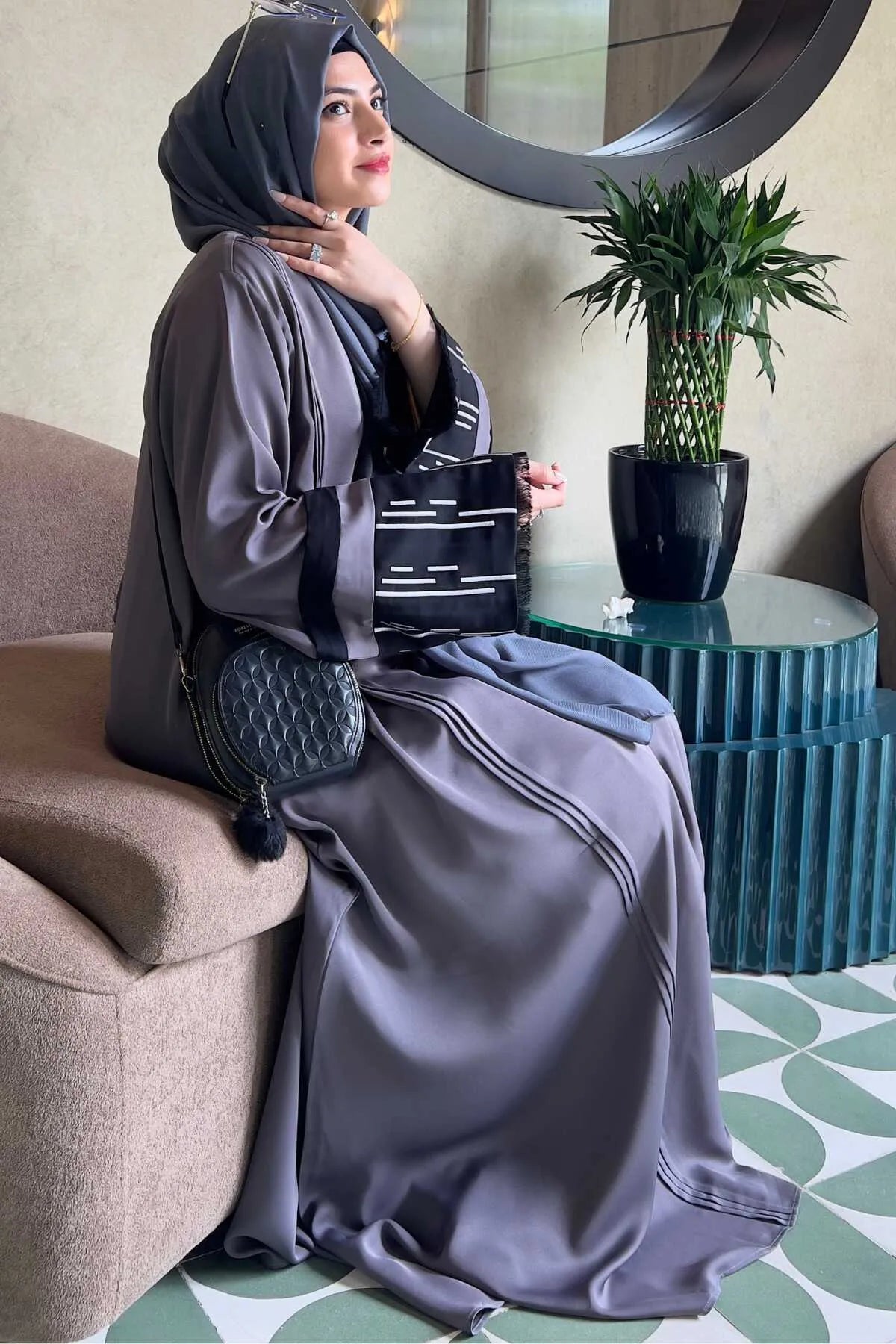 Grey Pleated Embroidered Abaya