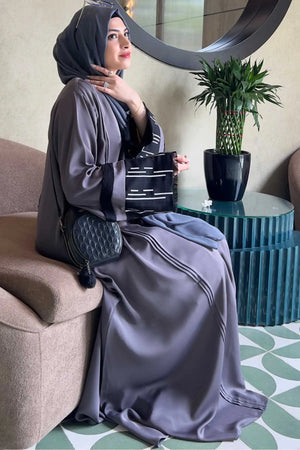 Grey Pleated Embroidered Abaya