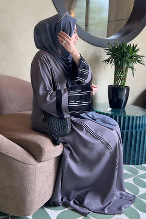 Grey Pleated Embroidered Abaya