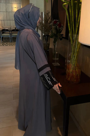 Grey Pleated Embroidered Abaya