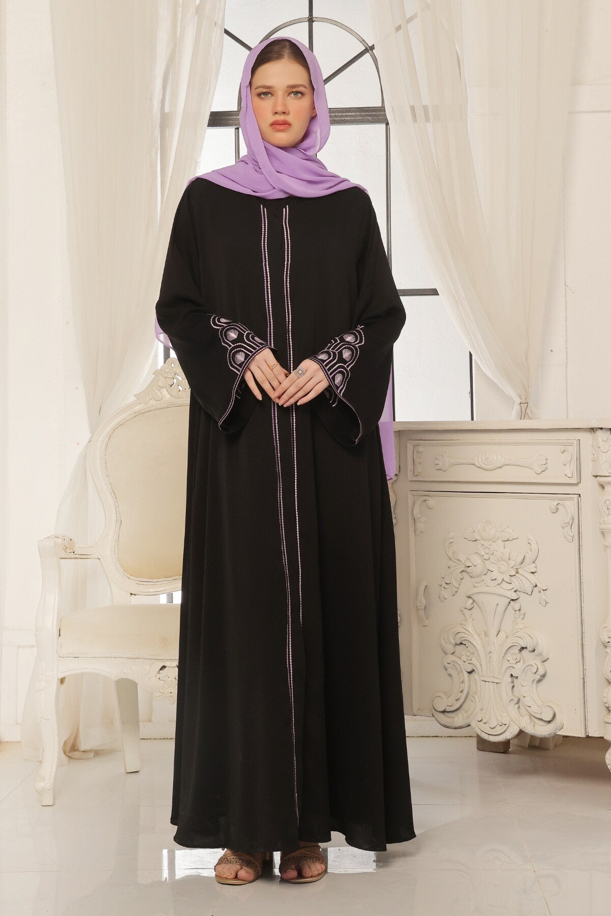 Lilac Pattern Embroidered Black Abaya