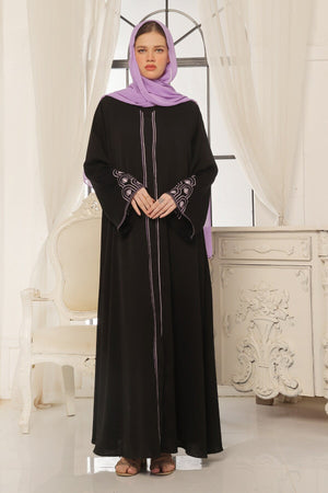 Lilac Pattern Embroidered Black Abaya