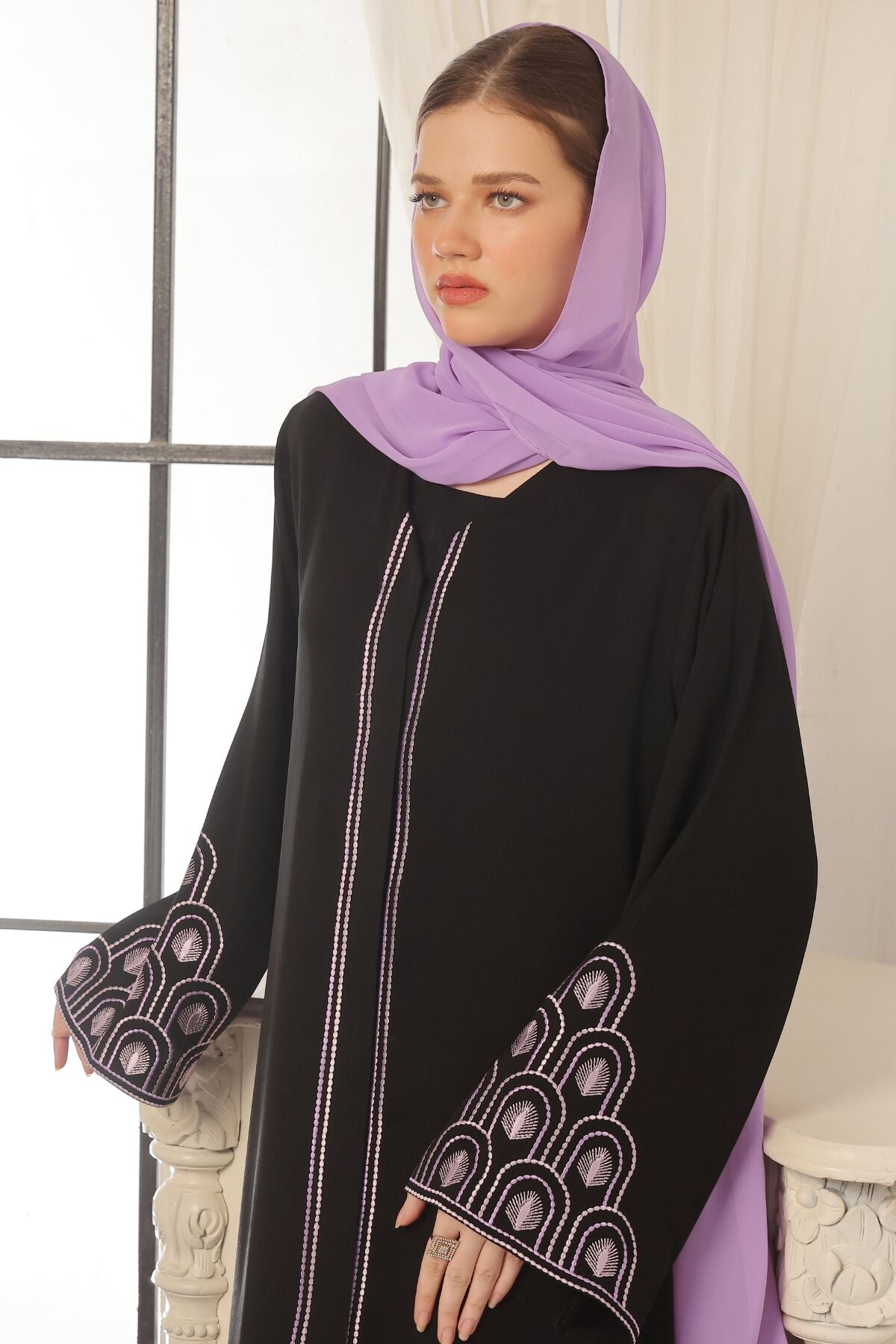 Lilac Pattern Embroidered Black Abaya