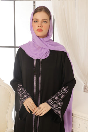 Lilac Pattern Embroidered Black Abaya
