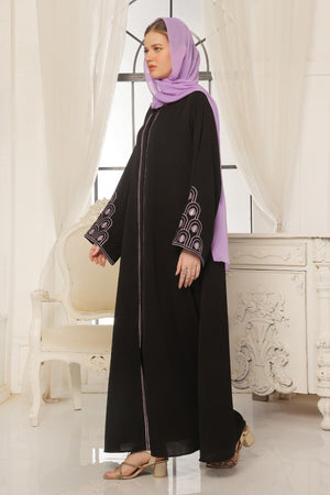Lilac Pattern Embroidered Black Abaya