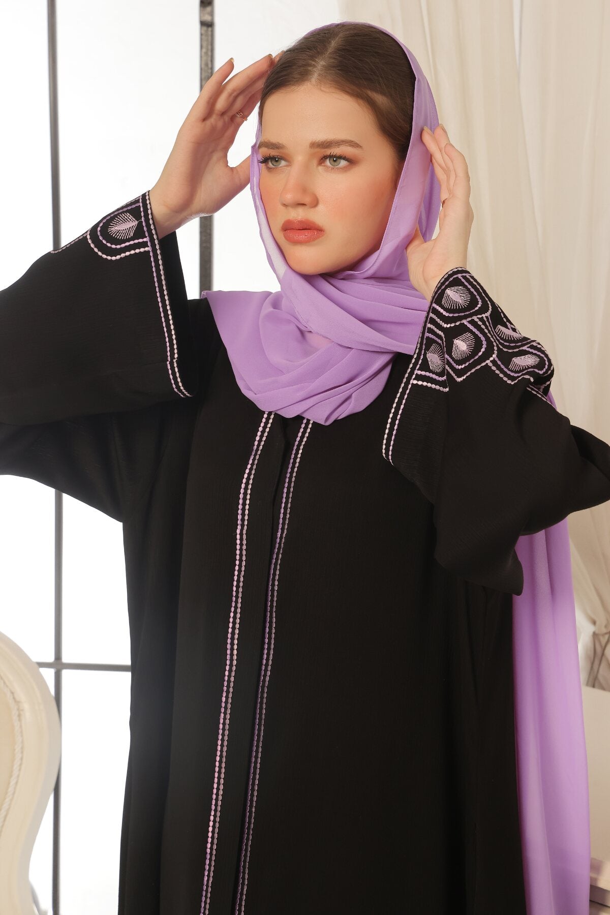 Lilac Pattern Embroidered Black Abaya