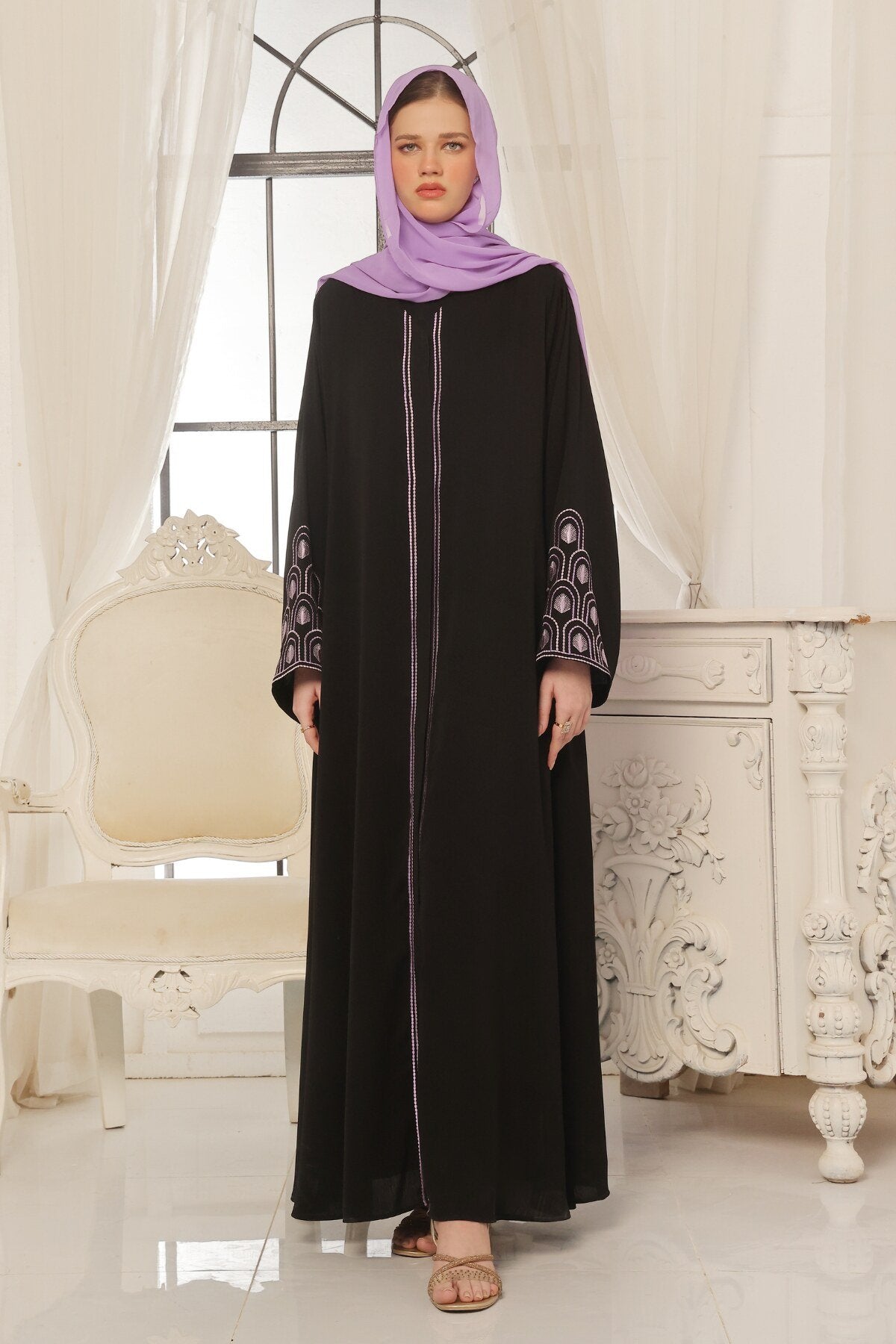 Lilac Pattern Embroidered Black Abaya