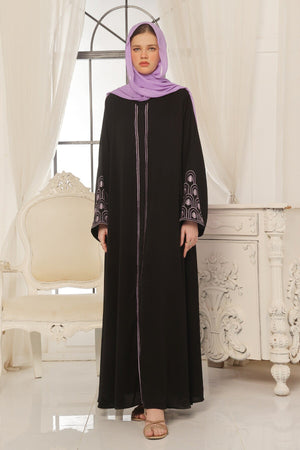 Lilac Pattern Embroidered Black Abaya