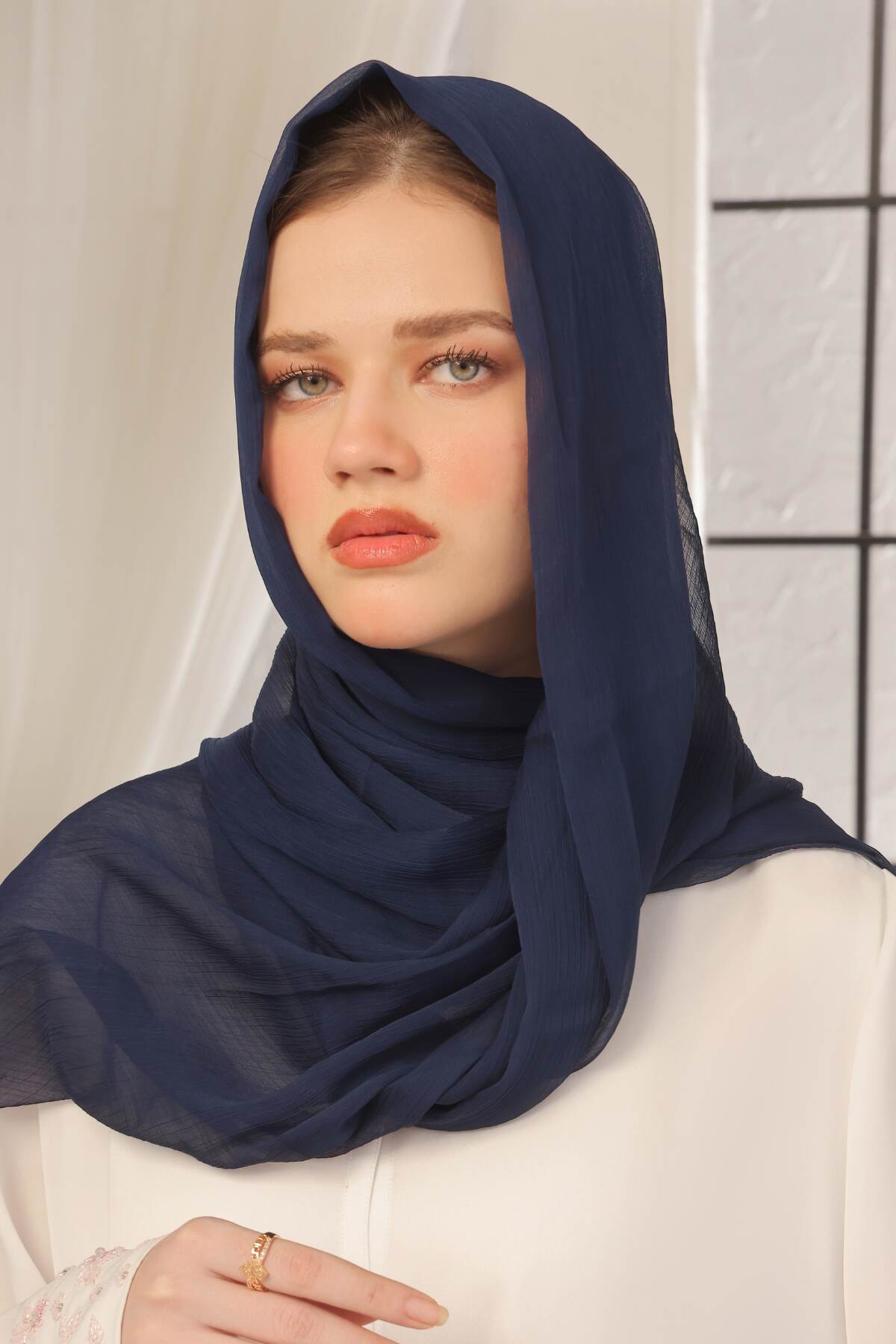 Navy Blue Crinkle Silk Hijab