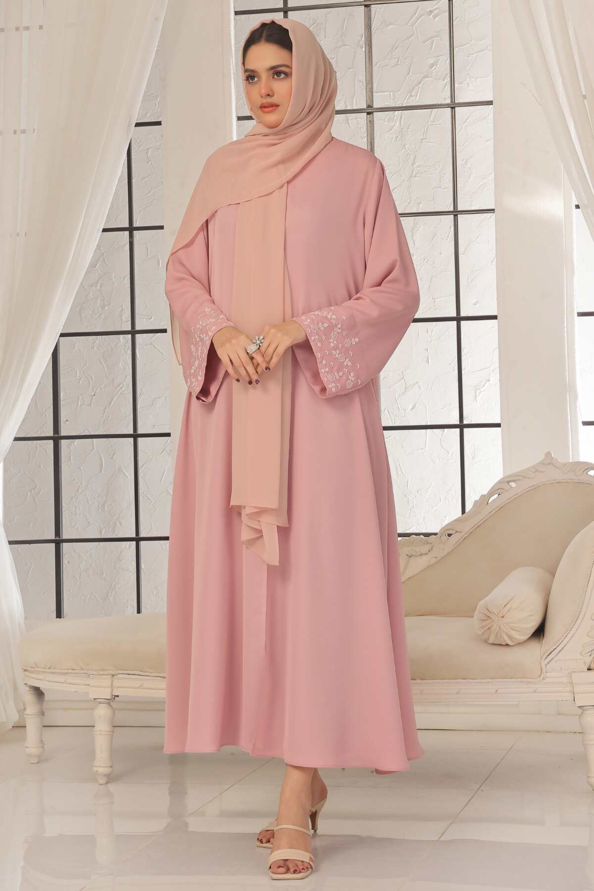 Pastel Pink Beaded Abaya