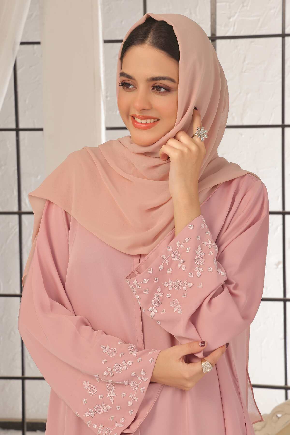 Pastel Pink Beaded Abaya