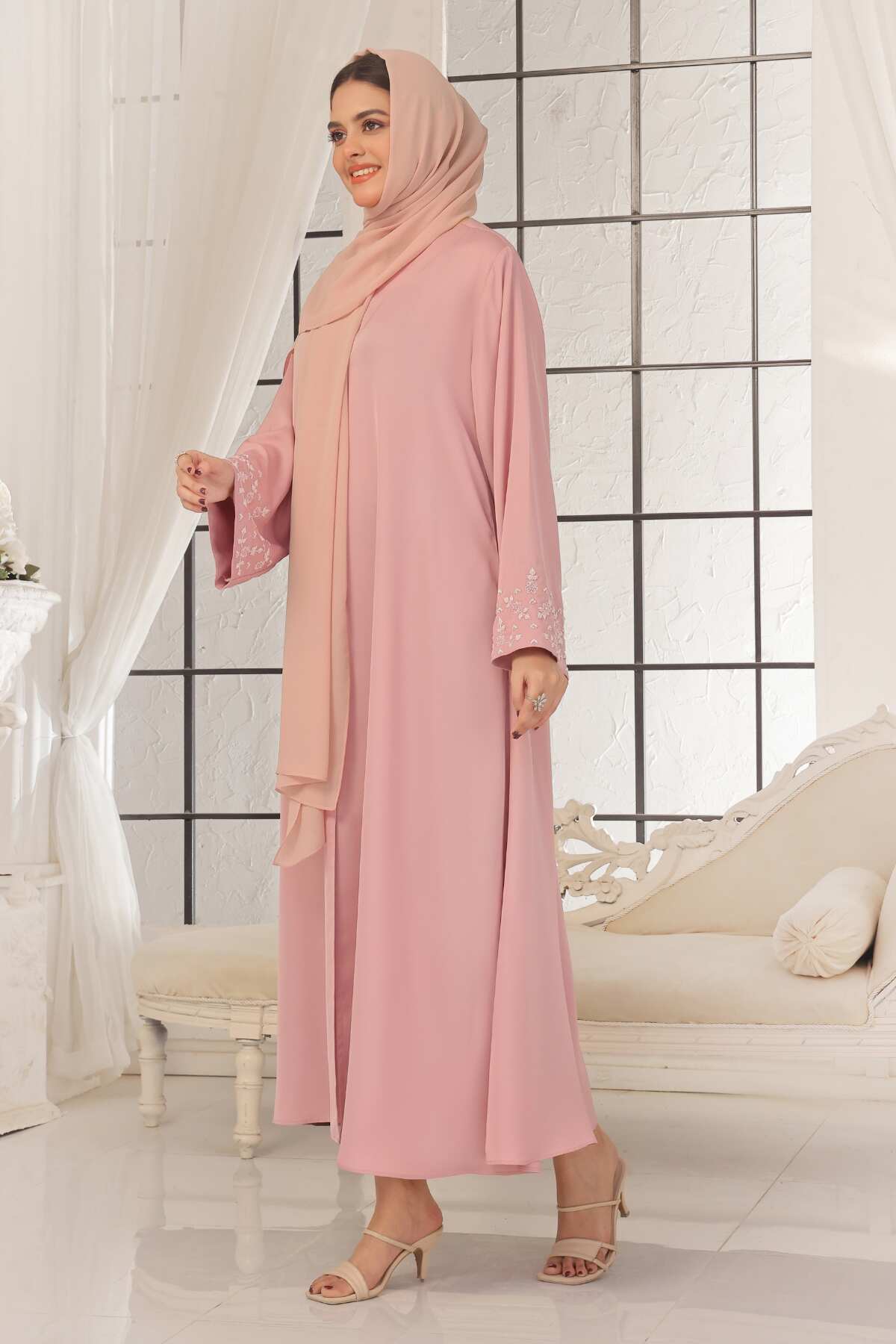 Pastel Pink Beaded Abaya
