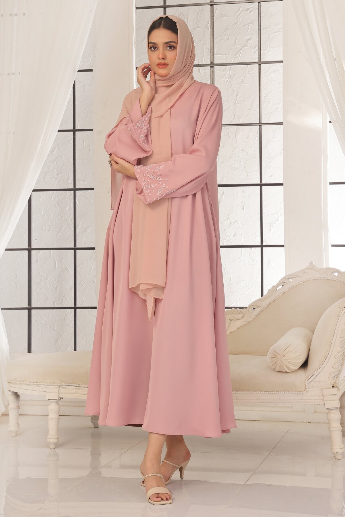 Pastel Pink Beaded Abaya