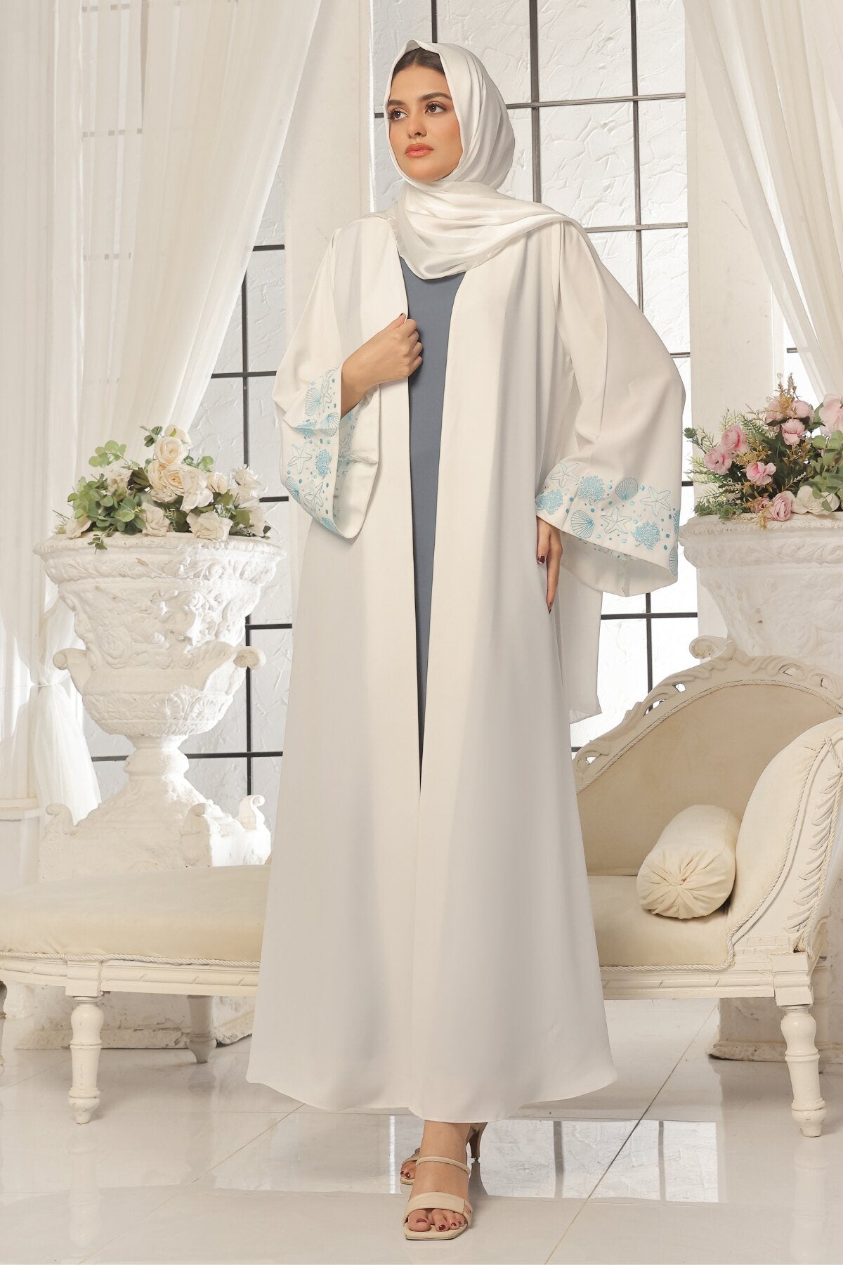Seashell Embroidered White Abaya