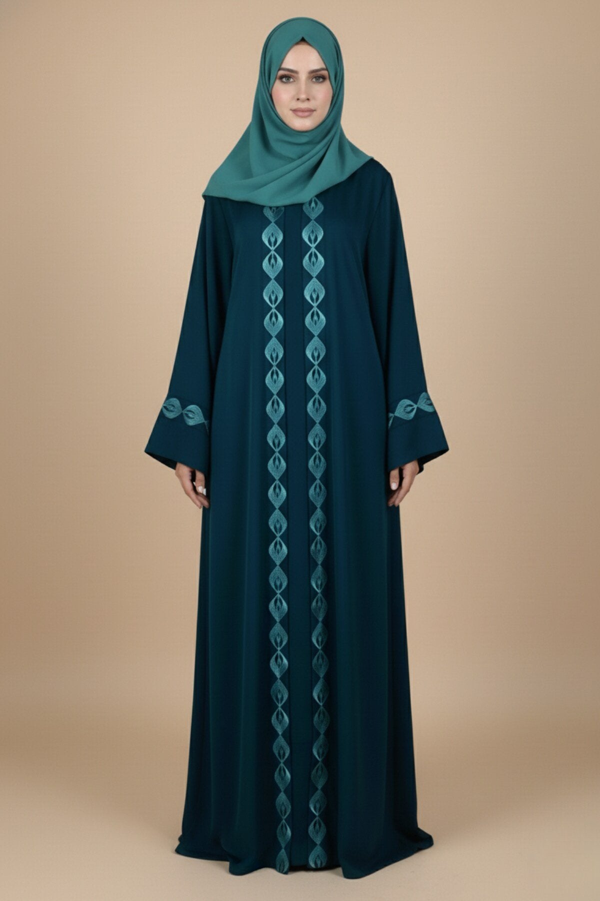 Turquoise Peacock Embroidered Abaya