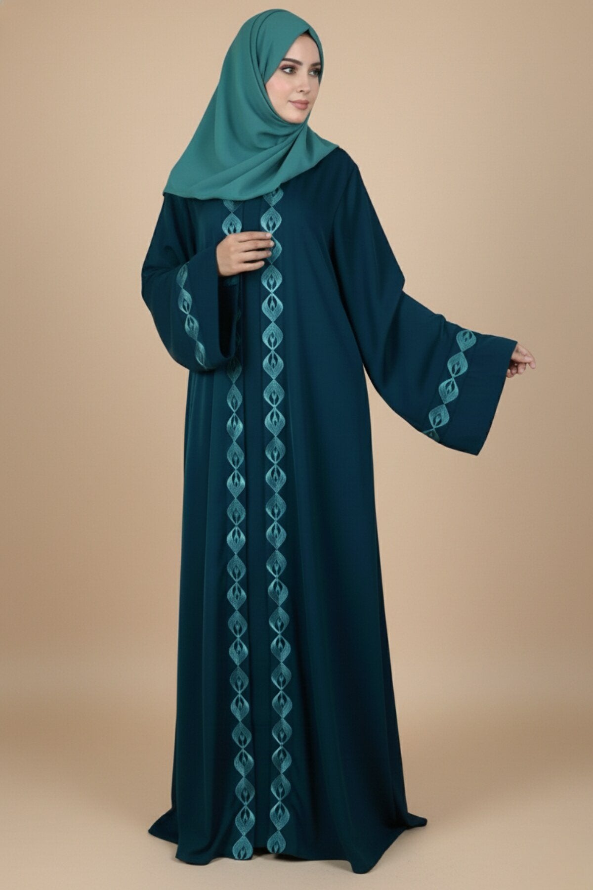 Turquoise Peacock Embroidered Abaya