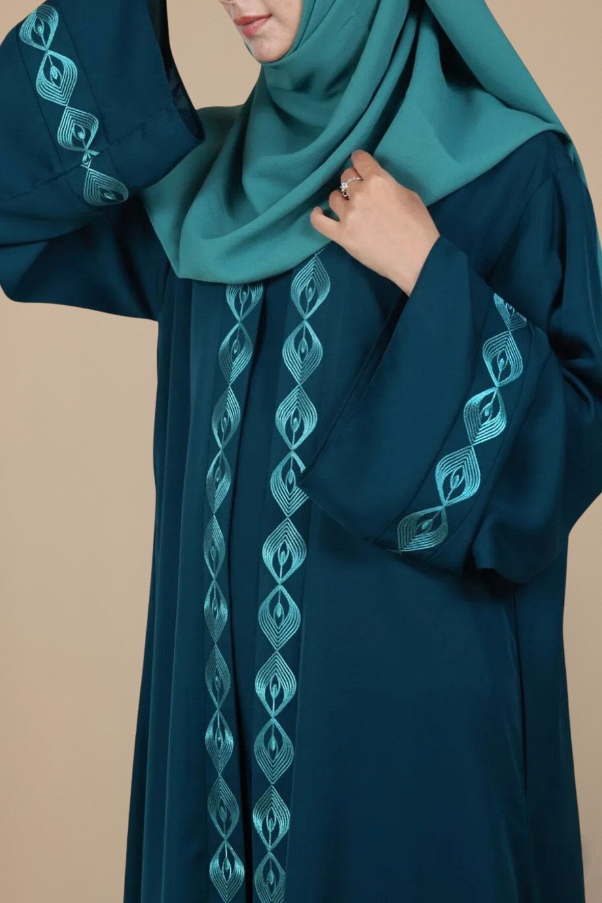 Turquoise Peacock Embroidered Abaya